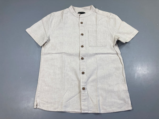 Chemise m.c beige col mao, 55% lin, moins cher chez Petit Kiwi