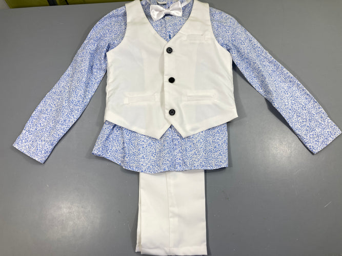 Gilet de costume s.m blanc + Pantalon + chemise m.l fleurie bleue + noeud papillon, moins cher chez Petit Kiwi