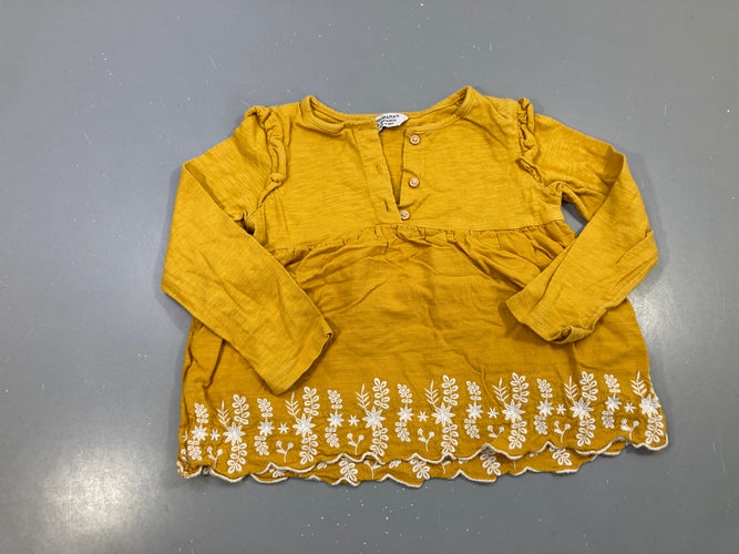 Blouse m.l jaune moutarde boutonnée, volants épaules, bas brodé blanc, moins cher chez Petit Kiwi