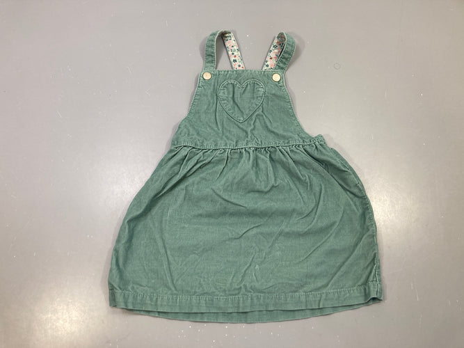 Robe s.m salopette vert sauge velours côtelé, poche cœur, bretelles fleuries, moins cher chez Petit Kiwi