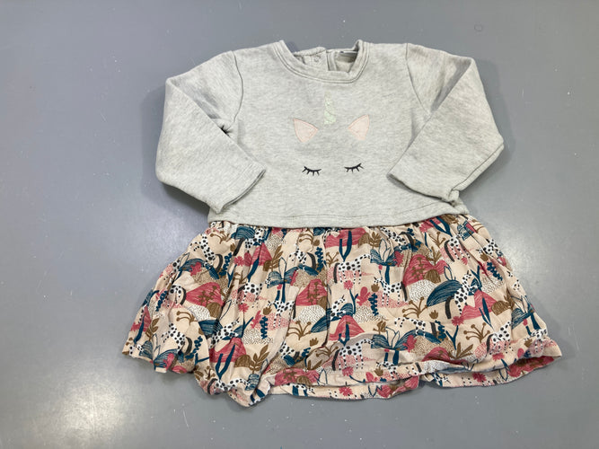 Robe m.l gris chiné licorne, jupe beige rose imprimé licornes, moins cher chez Petit Kiwi