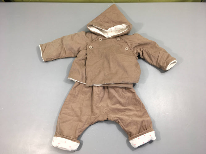Neuf-Veste à capuche velours taupe doublé jersey très légèrement ouatiné + Pantalon, moins cher chez Petit Kiwi