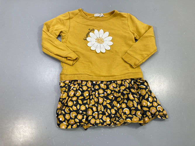 Robe m.l jaune moutarde marguerite "Blooming", jupe fleurie noire, moins cher chez Petit Kiwi