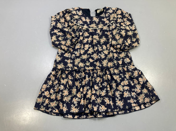 Robe m.l bleu marine fleurie rose, fils dorés, volant bas, moins cher chez Petit Kiwi