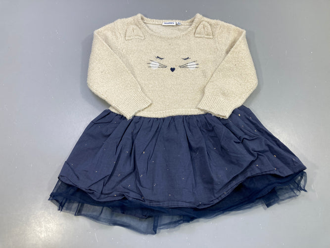 Robe m.l beige pull (bouloche) pailleté chat, jupe bleu marine tulle pois dorés, moins cher chez Petit Kiwi