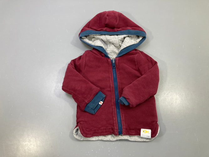 Gilet réversible zippé capuche bordeaux côtelée, bords bleus, doublure grise matelassée, moins cher chez Petit Kiwi