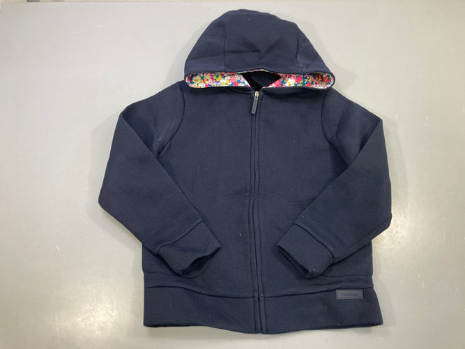 Sweat zippé capuche bleu marine molleton, doublure capuche fleurie, moins cher chez Petit Kiwi