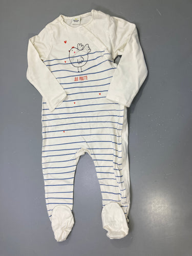 Pyjama jersey écru rayé bleu poule « Jolie poulette », à pieds, moins cher chez Petit Kiwi
