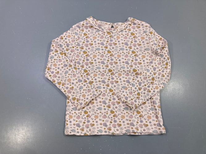 T-shirt m.l rose pâle côtelé fleuri multicolore, col et poignets volantés, moins cher chez Petit Kiwi