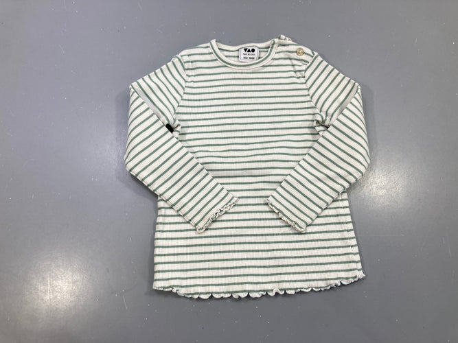 T-shirt m.l écru rayé vert sauge côtelé, bords ondulés, moins cher chez Petit Kiwi
