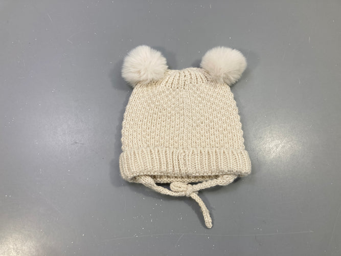 Bonnet maille écru 2 pompons fausse fourrure, à nouer, moins cher chez Petit Kiwi