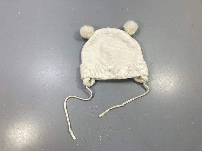 Bonnet maille écru oreilles pompons, cache-oreilles à nouer, moins cher chez Petit Kiwi
