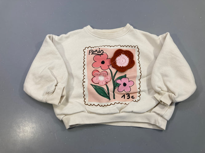 Sweat écru timbre « Paris » fleurs, fleurs crochet en relief, moins cher chez Petit Kiwi