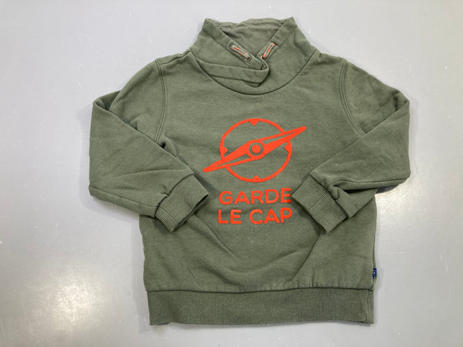 Sweat kaki col croisé à lacet « Garde le cap », flocage craquelé, moins cher chez Petit Kiwi