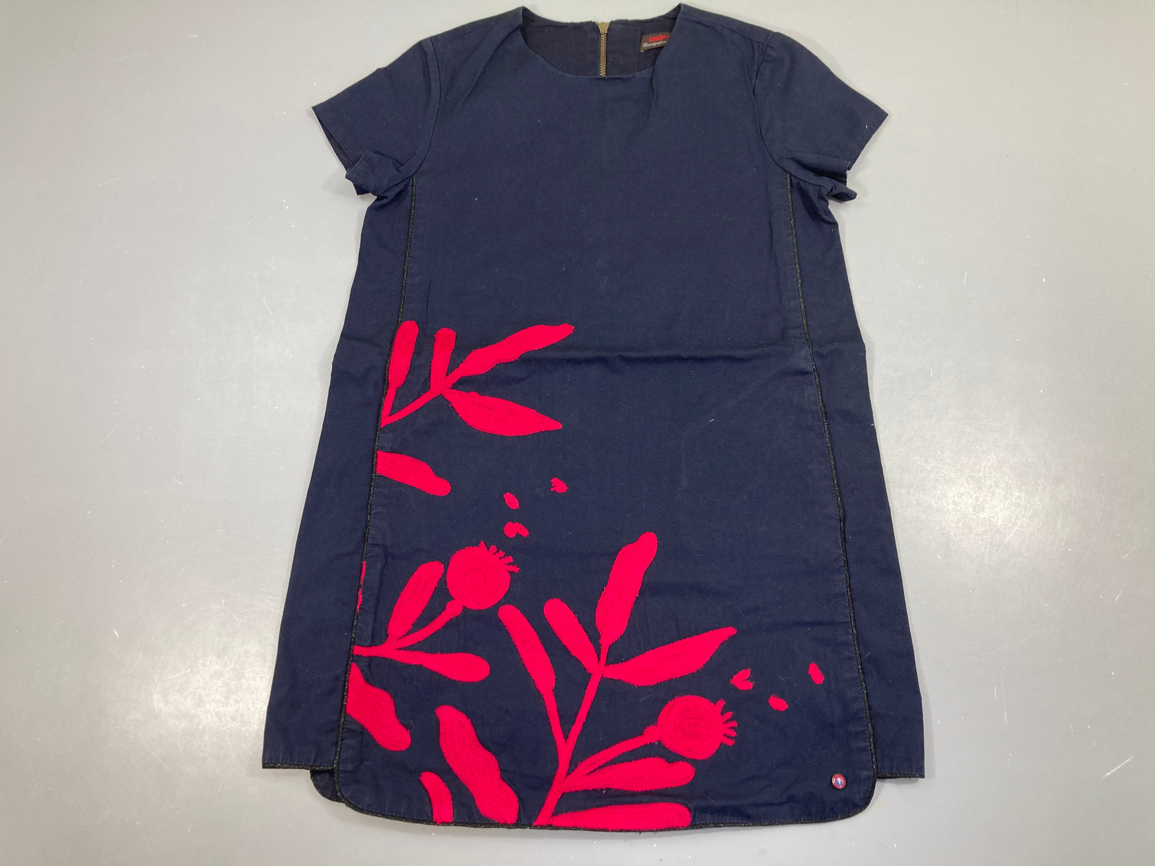 Robe m.c coton bleu marine feuilles brodées