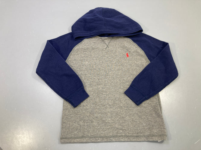 T-shirt m.l capuche gris chiné, manches bleu marine, maille gaufrée, moins cher chez Petit Kiwi