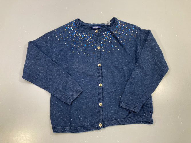 Gilet maille bleu marine boutonné, sequins bleus et dorés, 5% alpaga, moins cher chez Petit Kiwi