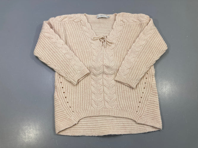 Pull maille torsadée écru rosé, col V lacé, Mini Molly, moins cher chez Petit Kiwi
