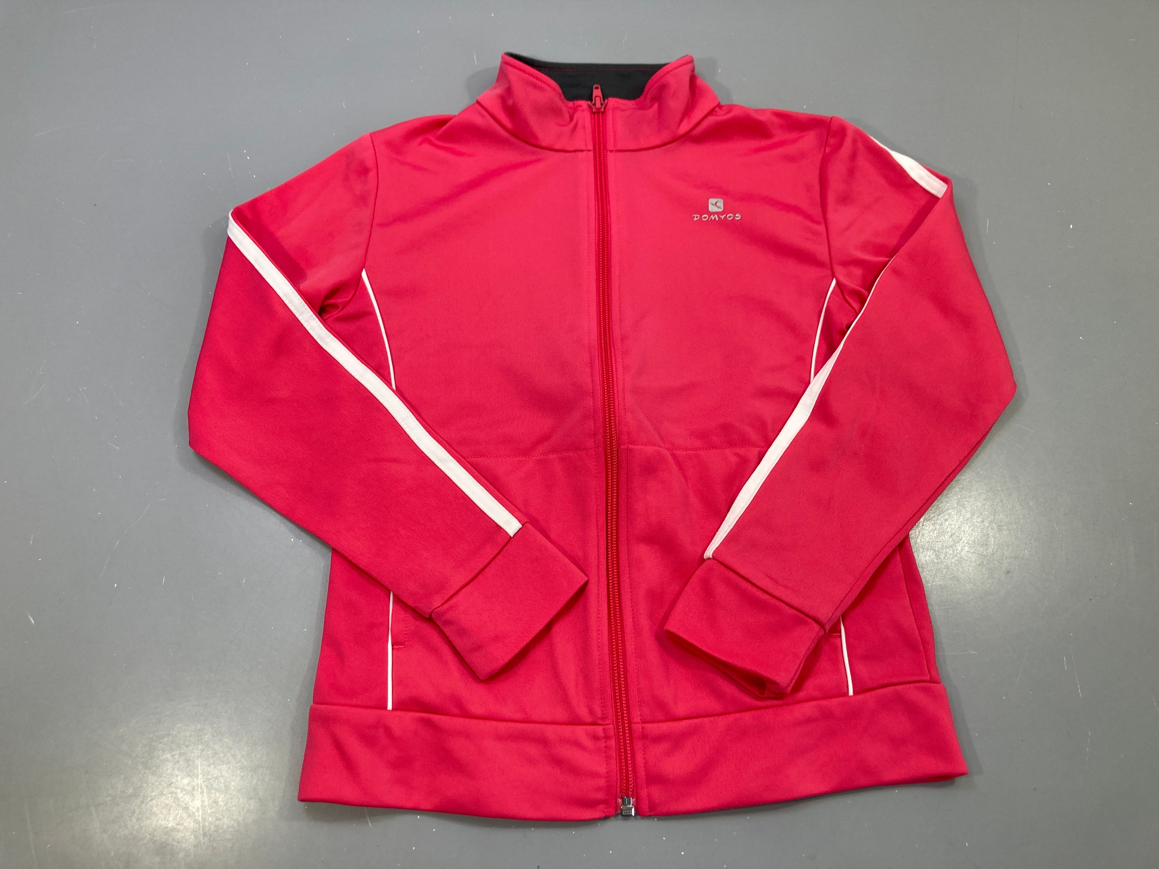 Veste survêtement zippée rose framboise col montant, bandes blanches, Domyos