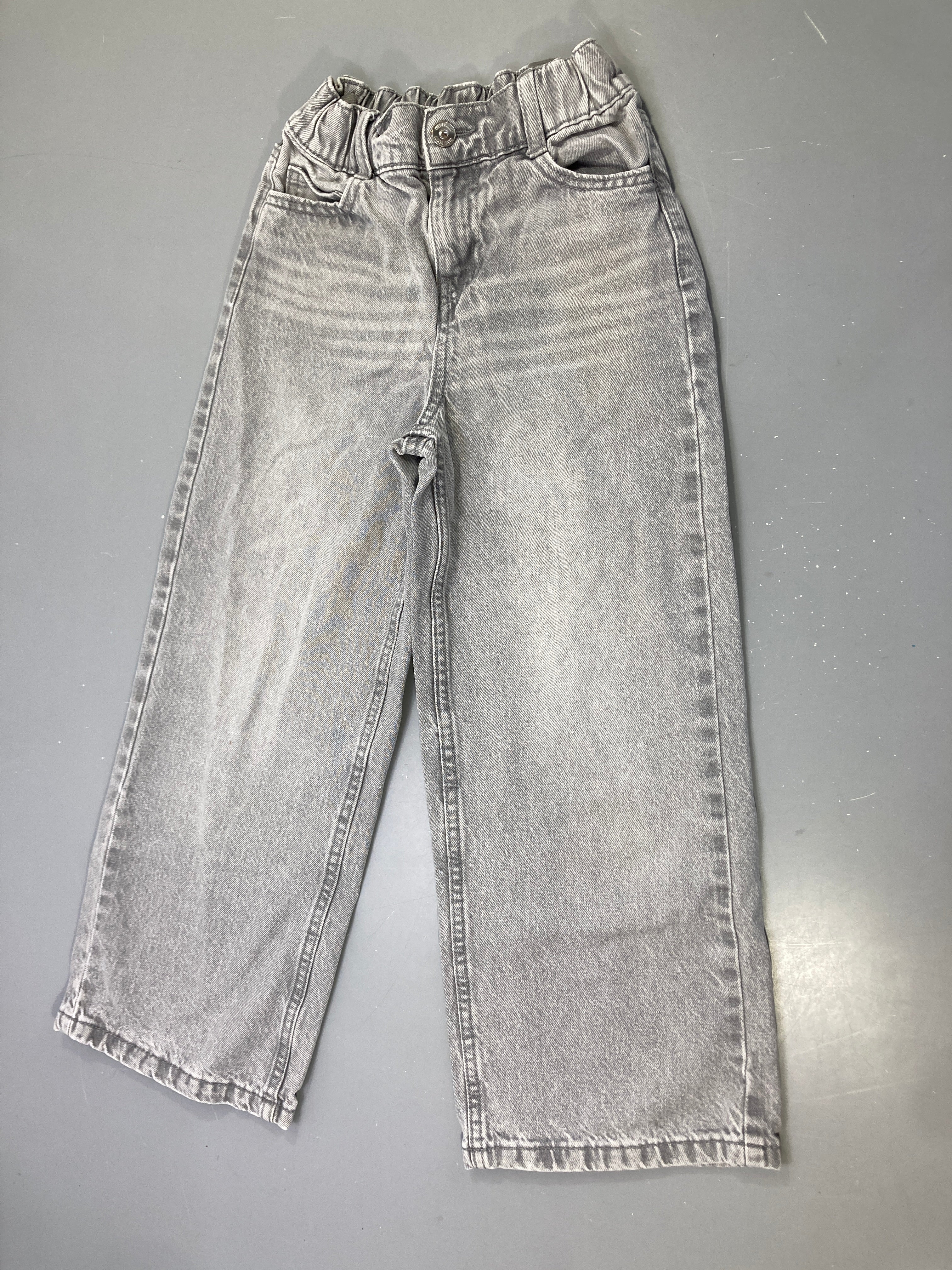 Pantalon jean gris clair délavé coupe large, taille élastique réglable
