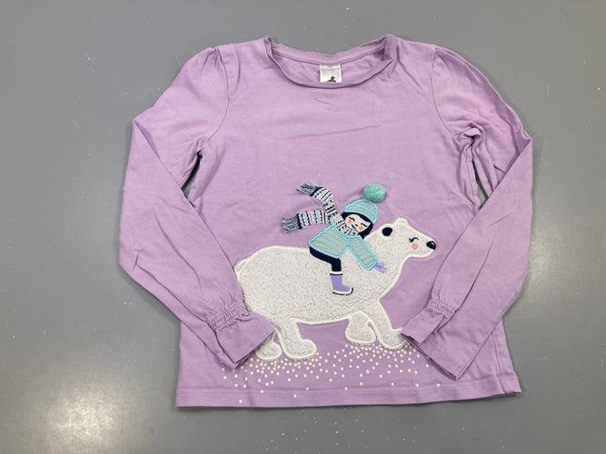 T-shirt m.l lilas ours polaire brodé fillette, pompon, poignets froncés, moins cher chez Petit Kiwi