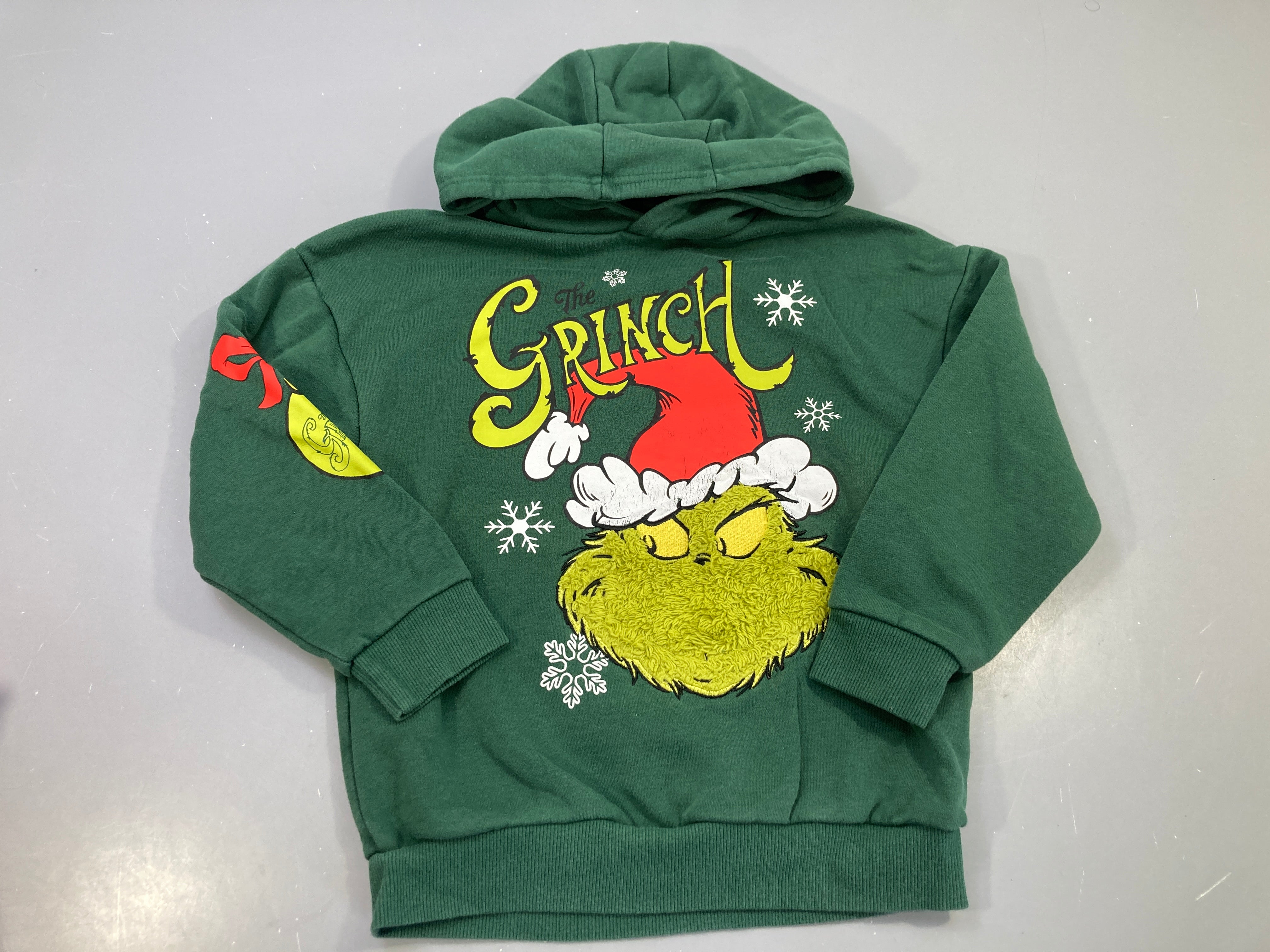Sweat capuche vert sapin « The Grinch » Noël, visage bouclette en relief, légèrement bouloché