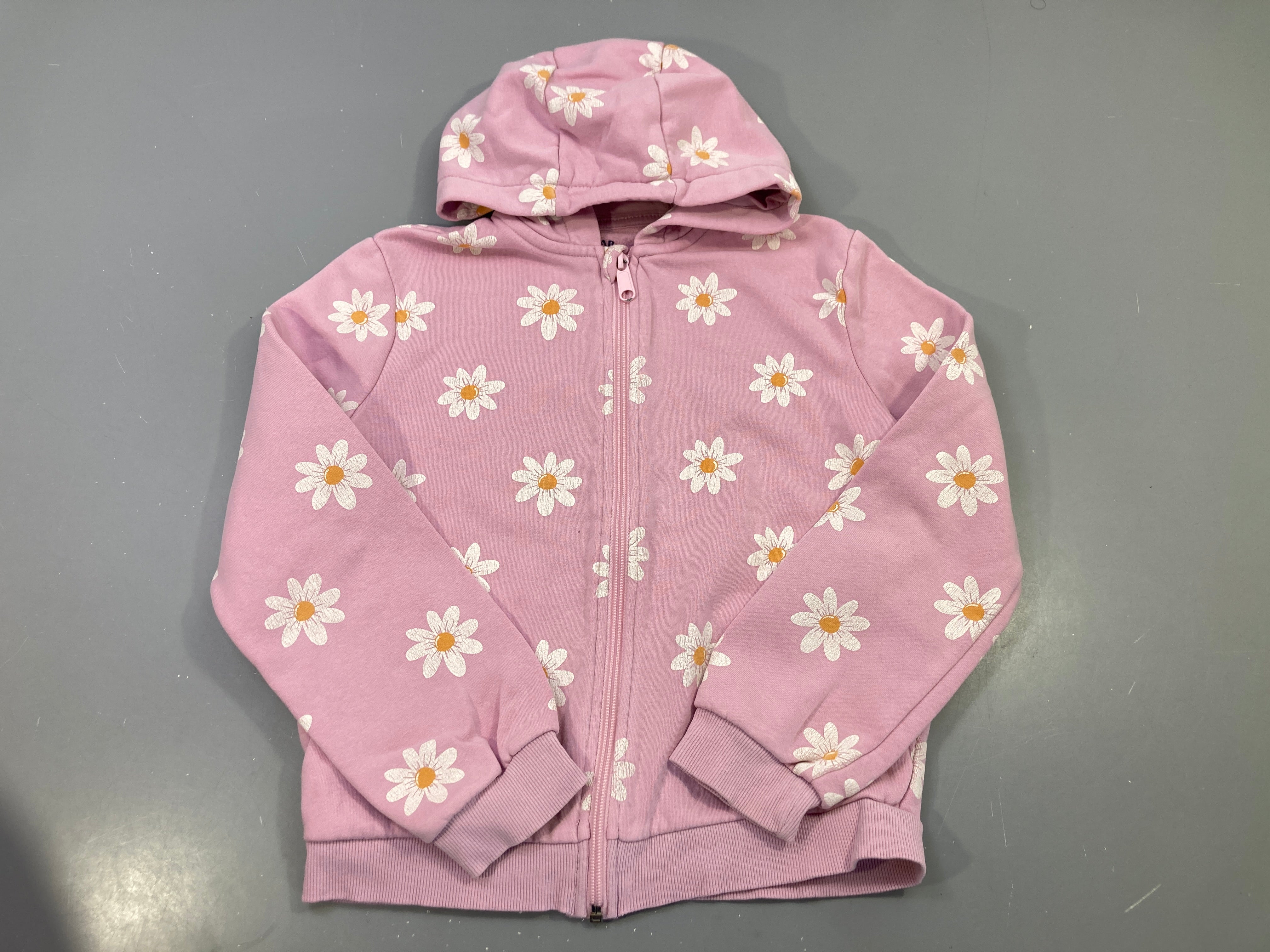 Sweat zippé capuche rose marguerites blanches