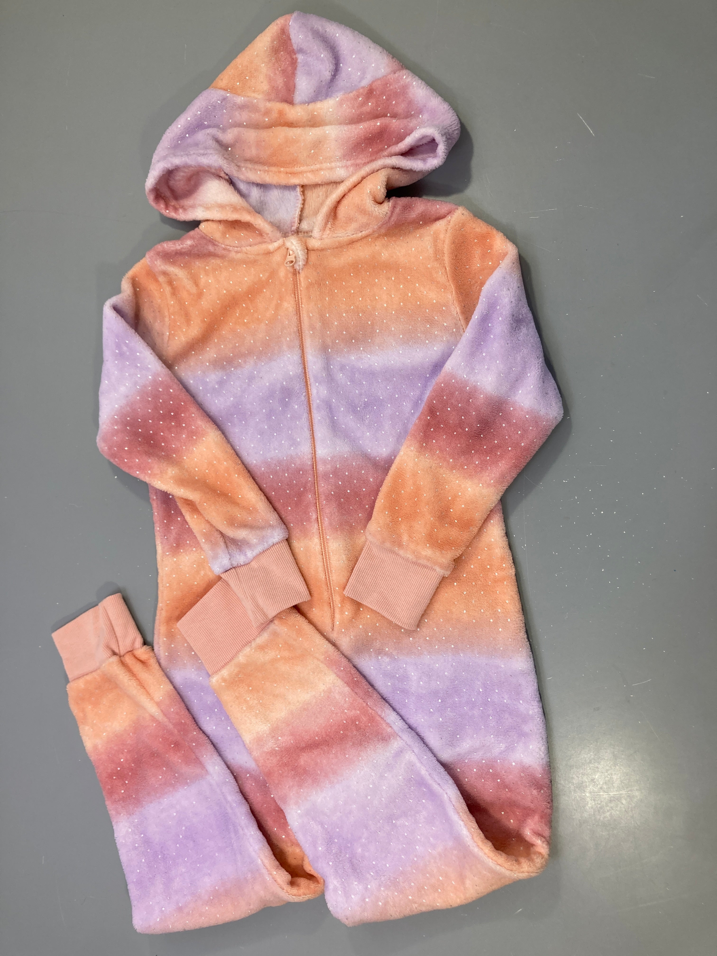 Combinaison velours tie-dye pêche lilas vieux rose à sequins, zippé capuche
