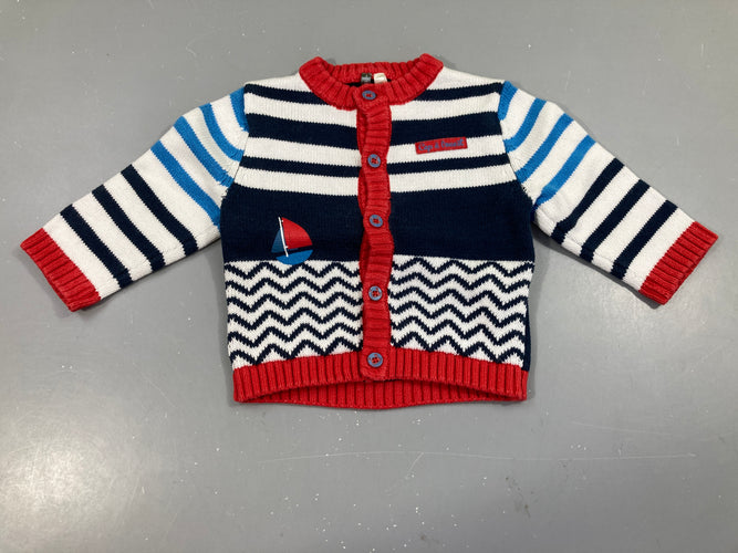 Gilet bleu rayé blanc, motifs chevrons bateau, moins cher chez Petit Kiwi