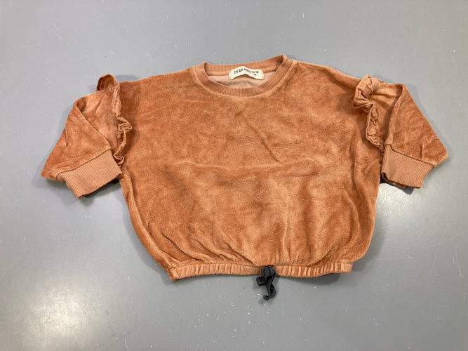 Sweat léger brun éponge volants épaules, bas à cordon, Dear Mini, moins cher chez Petit Kiwi