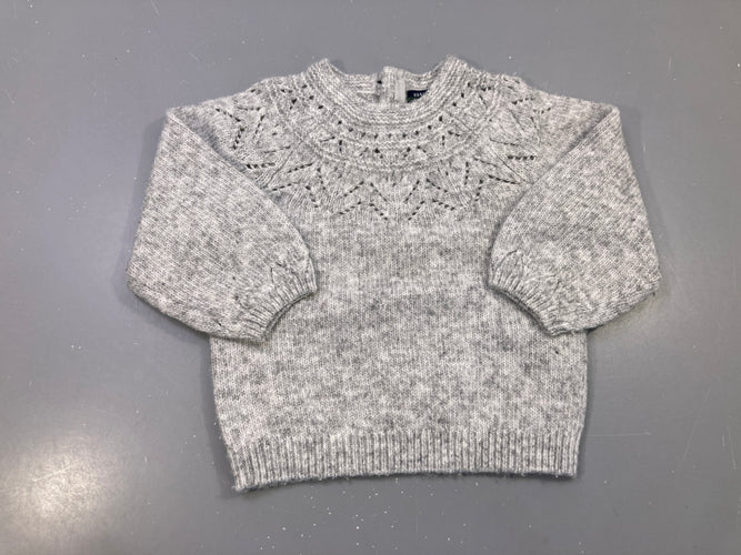 Pull gris chiné maille ajourée encolure, manches bouffantes, moins cher chez Petit Kiwi