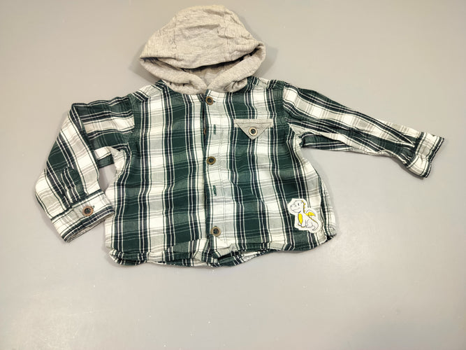 Chemise m.l  à carreaux blanc et vert à capuche et manches gris flammé  Mes petits cailloux  100% coton, moins cher chez Petit Kiwi