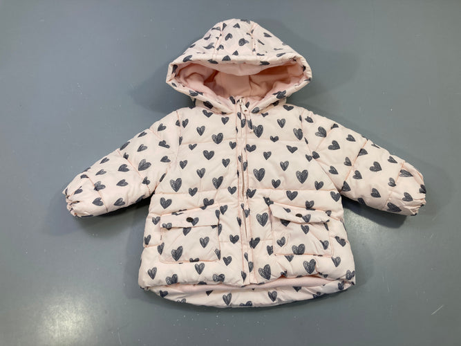 Doudoune zippée rose pâle cœurs gris, capuche doublée polaire, moins cher chez Petit Kiwi