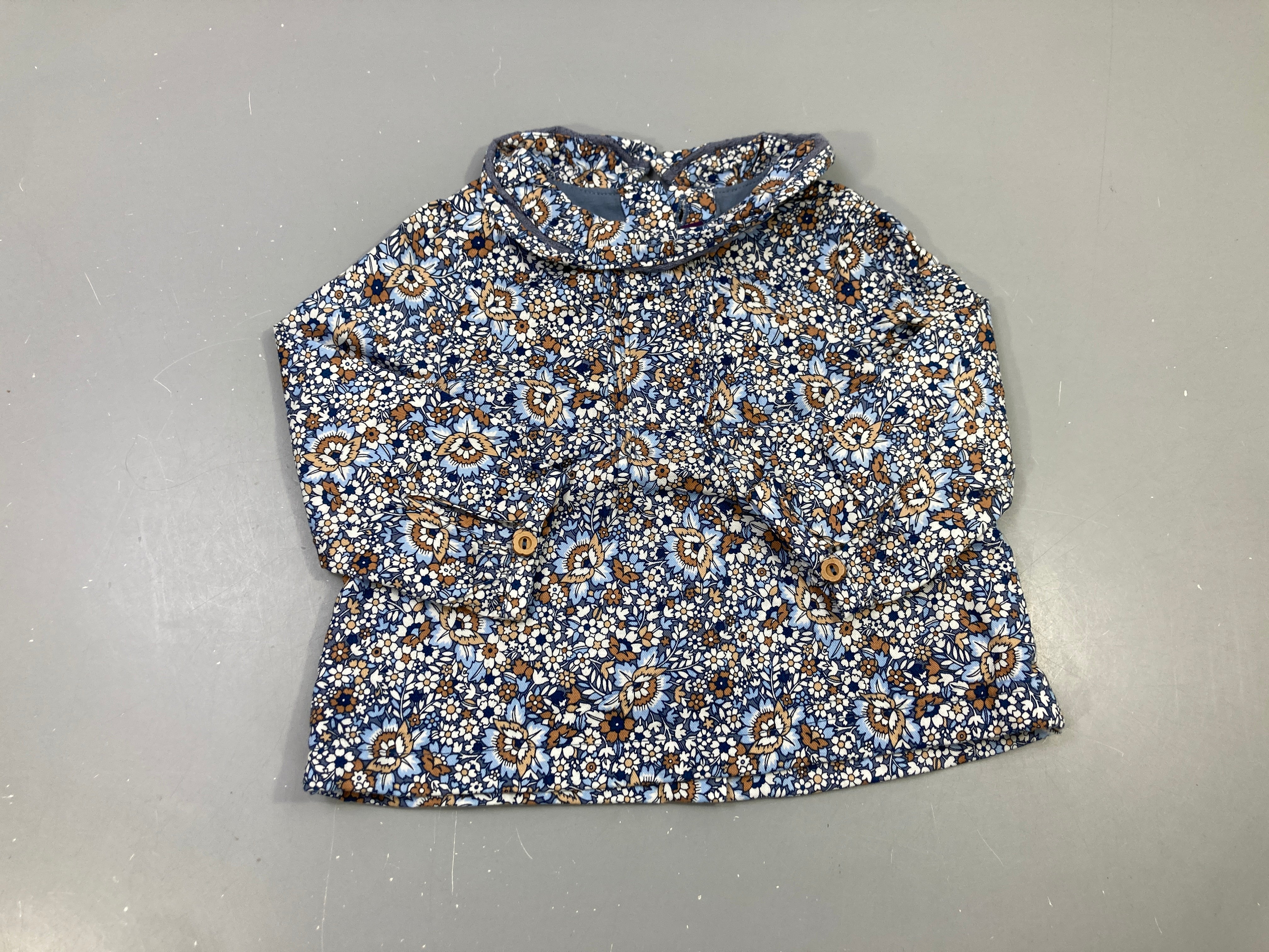 Blouse m.l bleu fleurs marron écru, col Claudine