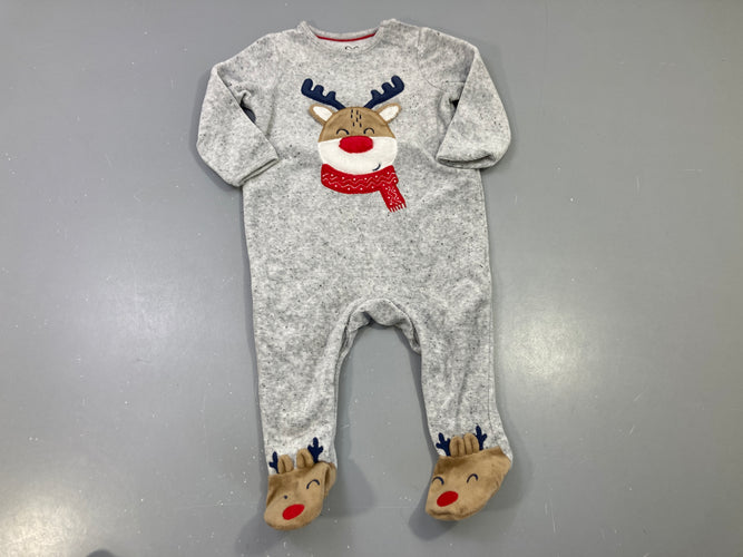 Pyjama velours gris chiné renne, pieds rennes Noël, moins cher chez Petit Kiwi