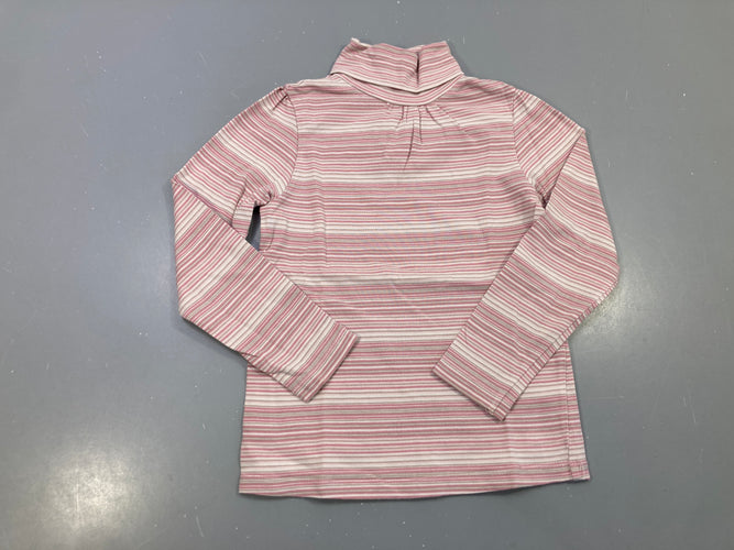 T-shirt m.l col roulé rose rayé blanc gris, fronces encolure, légèrement bouloché, moins cher chez Petit Kiwi