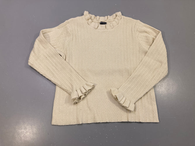 Pull écru maille côtelée ajourée, col et poignets volantés, moins cher chez Petit Kiwi