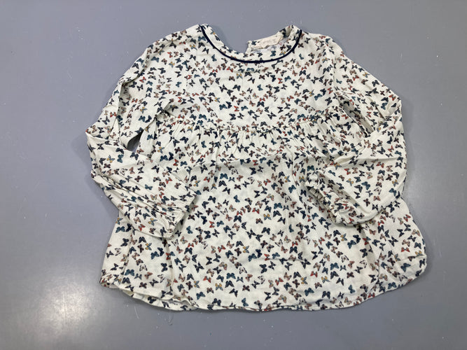Blouse m.l écru papillons, passepoil marine, fronces, moins cher chez Petit Kiwi