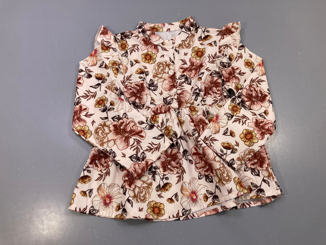 Blouse m.l écru fleurs bordeaux moutarde, volants épaules, boutonnée, moins cher chez Petit Kiwi