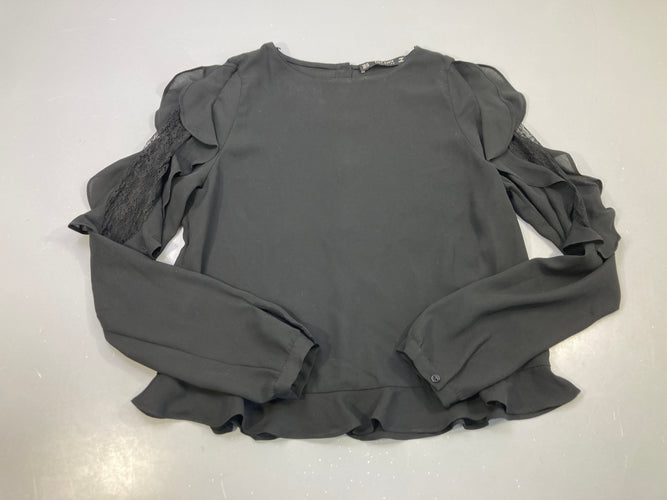 Blouse m.l noire voile, volants et dentelle manches, bas volanté, moins cher chez Petit Kiwi