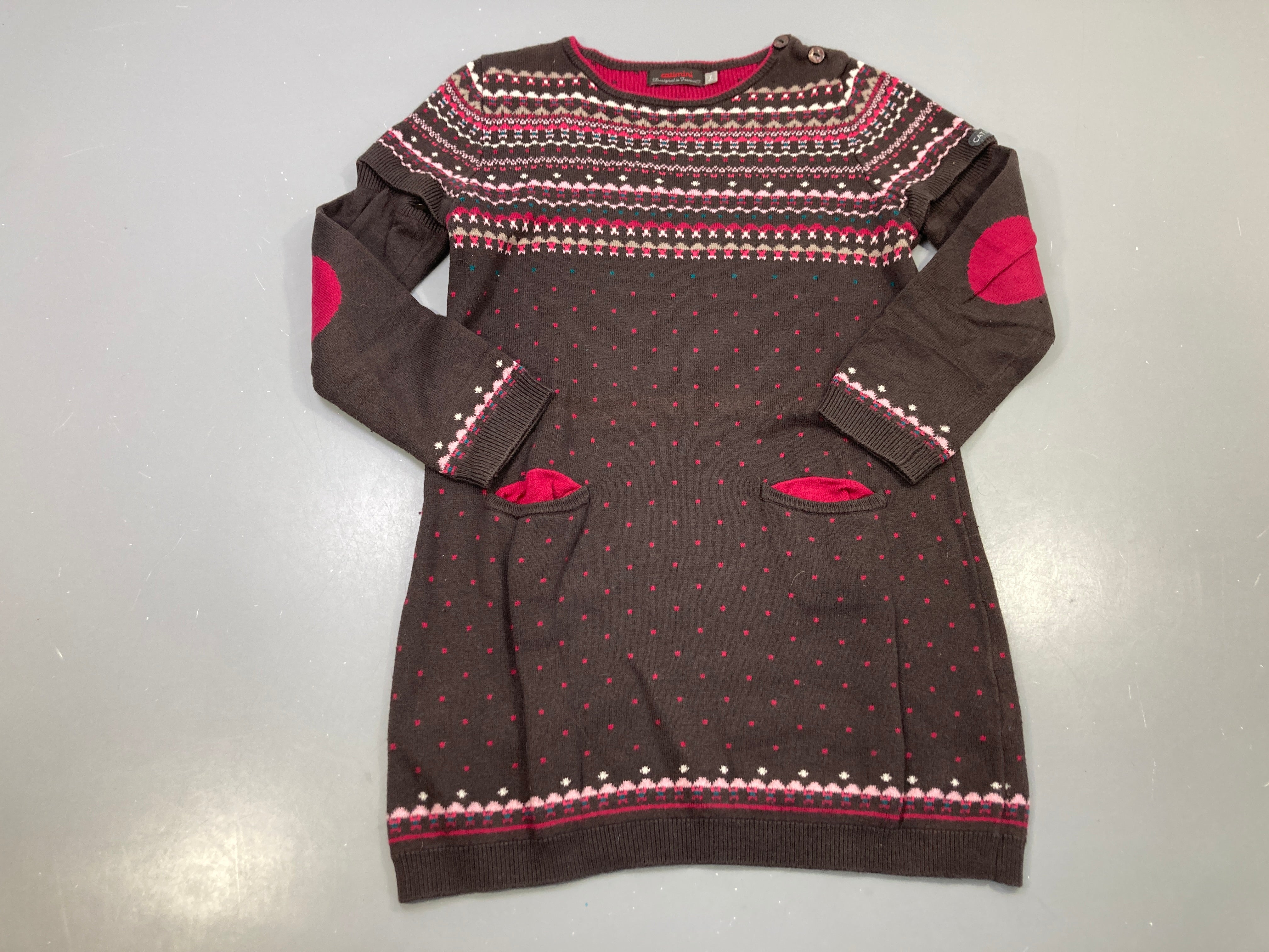 Robe pull m.l marron jacquard rose bordeaux, coudières, poches