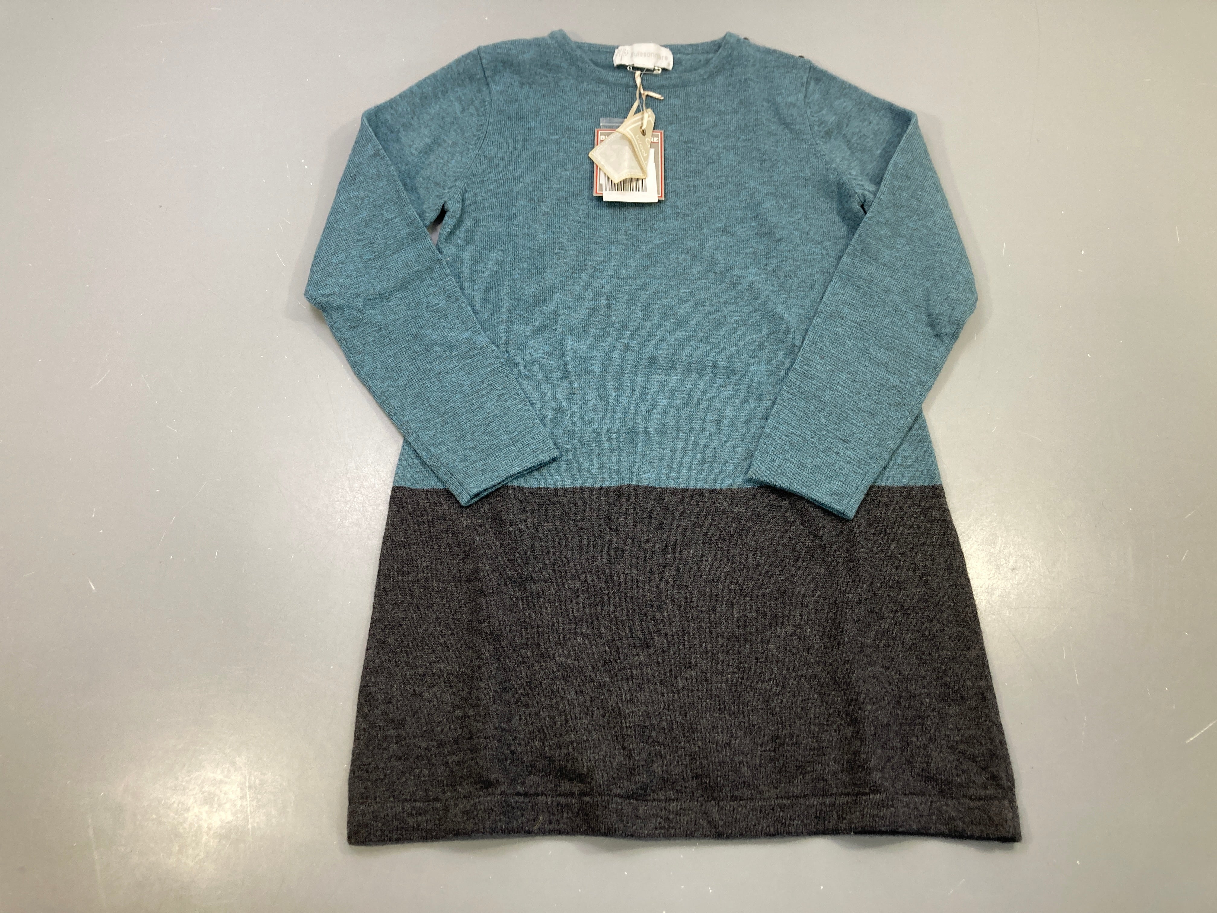 NEUF Robe pull m.l bleu canard et gris anthracite bicolore, 80% laine merinos, 10% cachemire