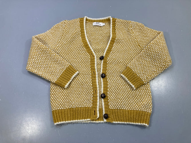 Gilet moutarde et écru maille, col V, boutons, 11% laine 9% mohair, moins cher chez Petit Kiwi