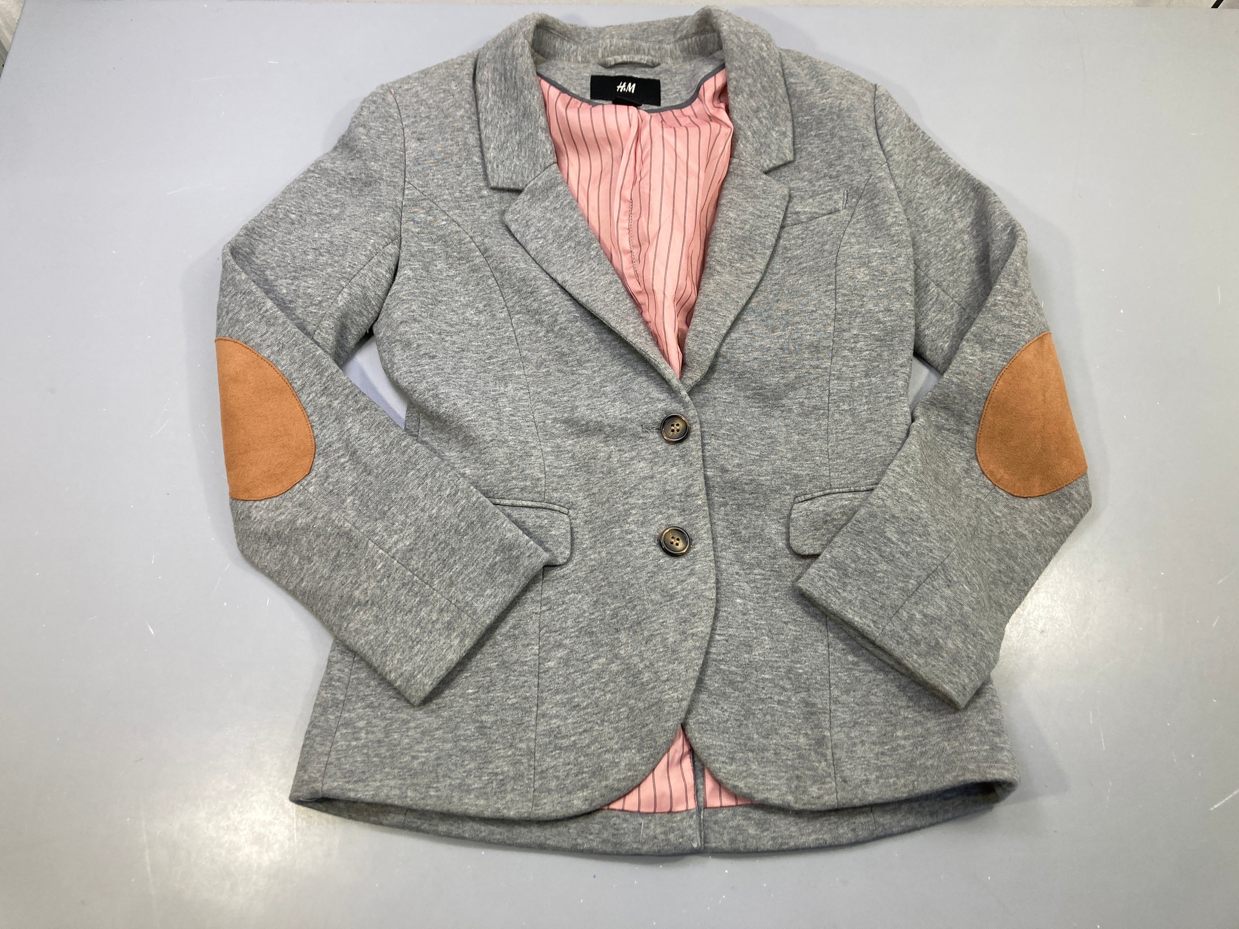 Veste blazer molleton gris chiné jersey, coudières camel, doublure rose rayée