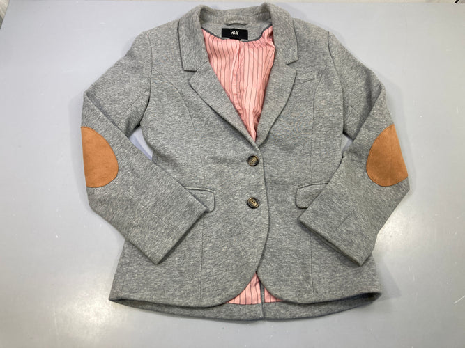 Veste blazer molleton gris chiné jersey, coudières camel, doublure rose rayée, moins cher chez Petit Kiwi