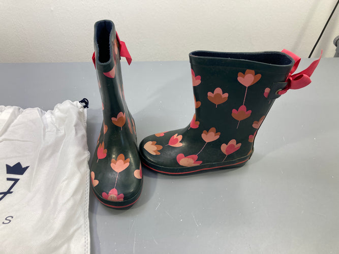 Bottes de pluie bleu marine fleurs roses, nœuds roses, avec pochon, 28, moins cher chez Petit Kiwi