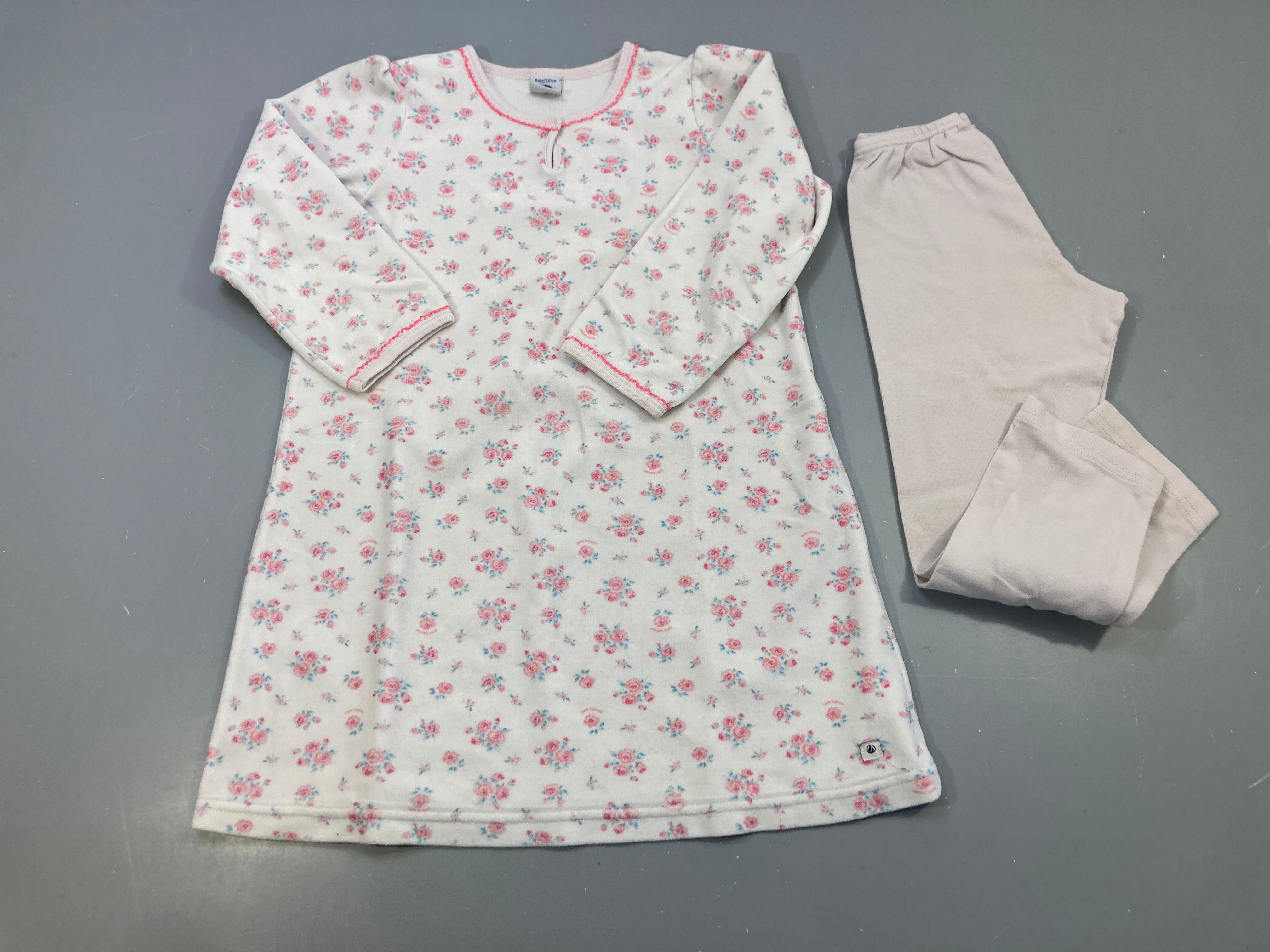 Chemise de nuit velours écru roses + legging rose pâle