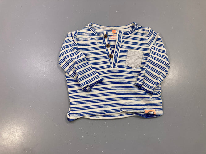 T-shirt m.l écru rayé bleu, col boutonné, poche grise, moins cher chez Petit Kiwi