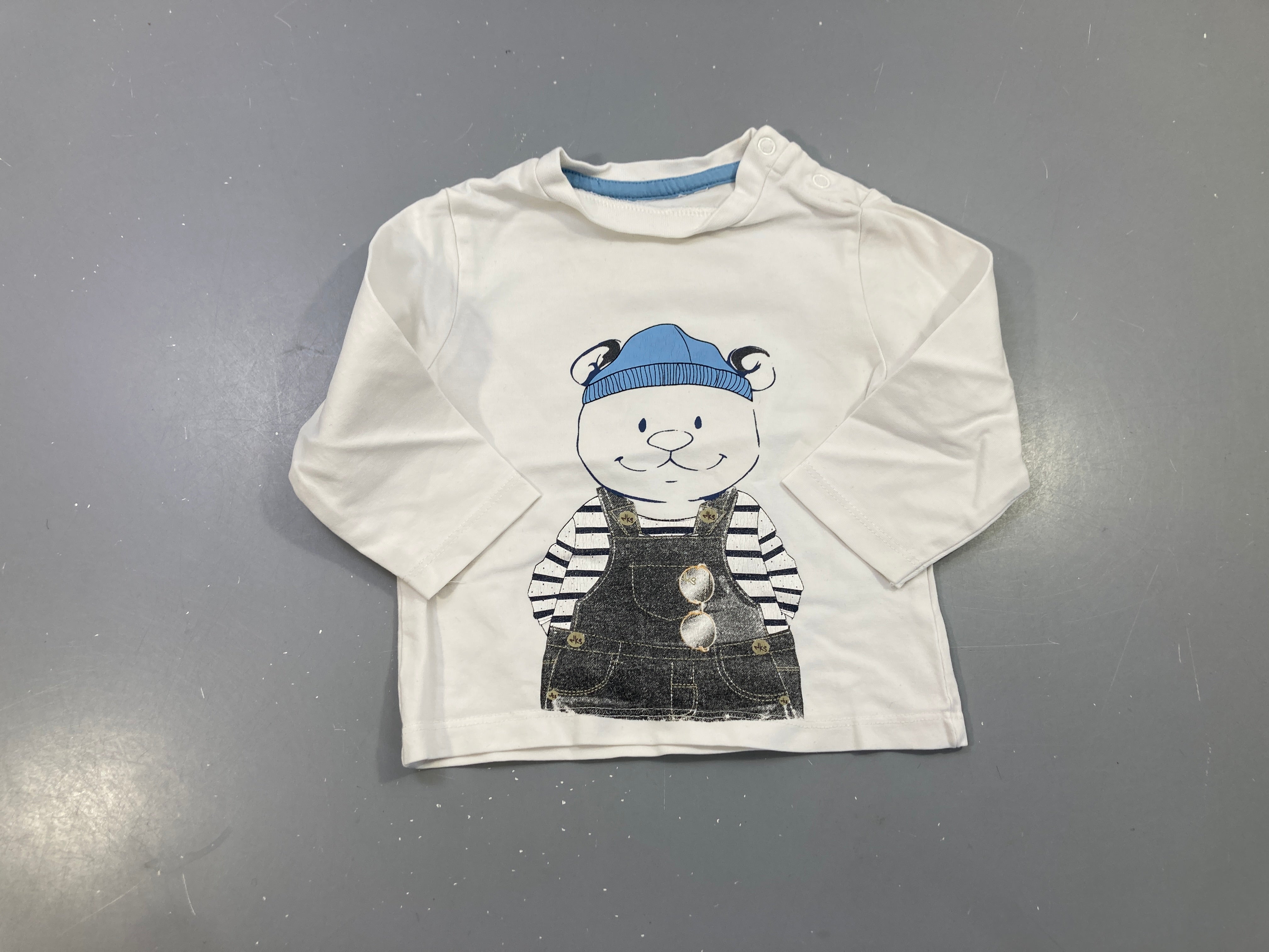 T-shirt m.l blanc ourson bonnet bleu salopette
