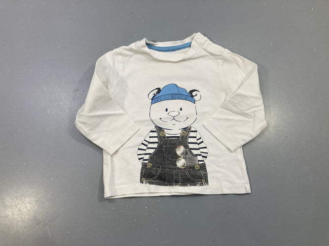 T-shirt m.l blanc ourson bonnet bleu salopette, moins cher chez Petit Kiwi